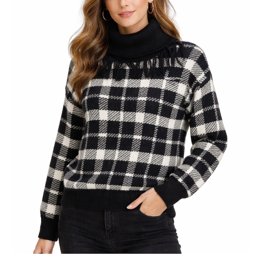Kate Spade Black and White Plaid Turtleneck Fringe Sweater - Size Small